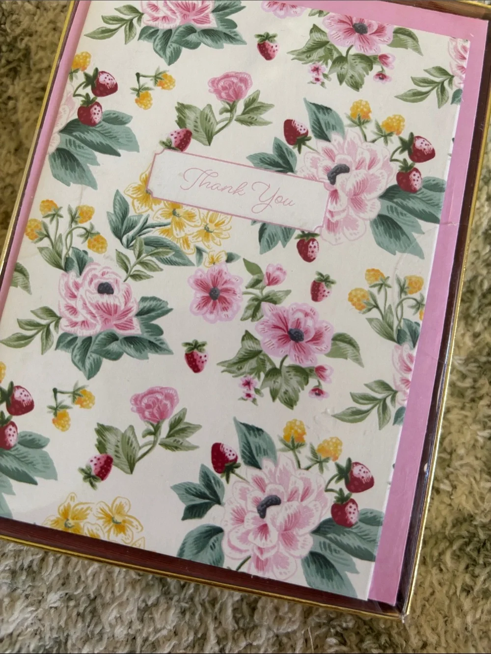 Graphique Floral Pink Strawberry Thank You Note Card Set of 16 NWT 4x5.25x1.5”